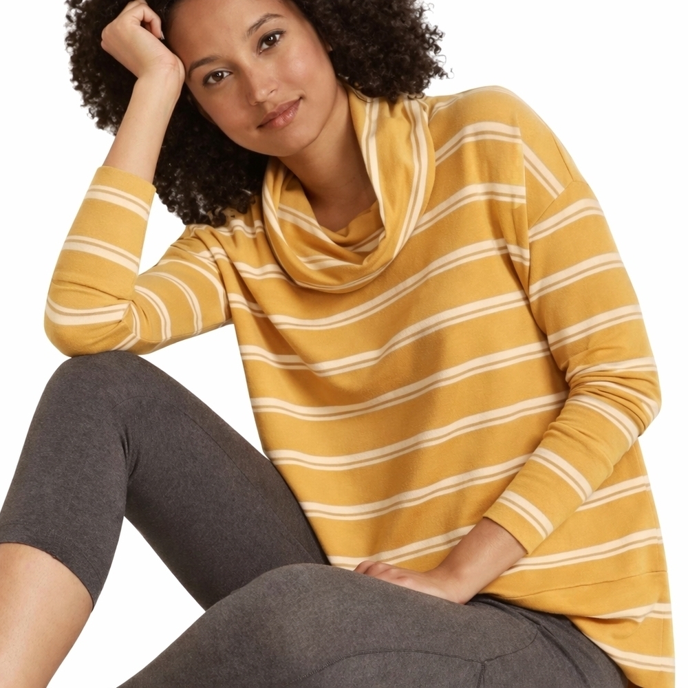 Garnet Hill Yellow Striped Cowl Neck Knit Tencel Sweater L - Picture 1 of 5